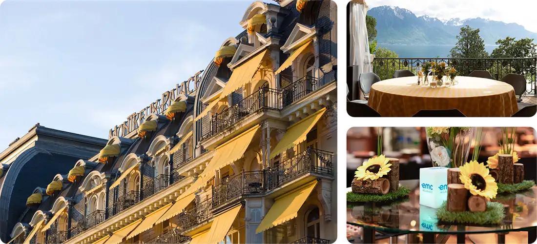 Incentive trip details included branded centerpieces and floral decor